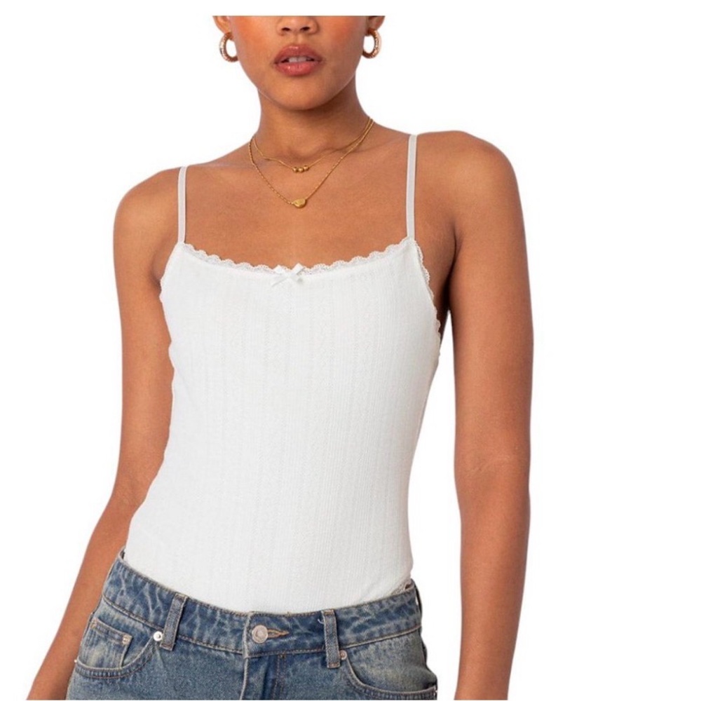 Edikted White Lace-Trim Camisole Bodysuit